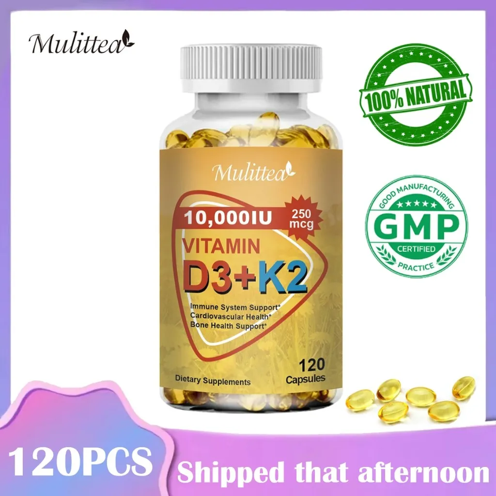 Mulittea 120pcs Vitamin D3 dengan vitamin K2 (mk7) Softgel untuk Meningkatkan Penyerapan Kalsium, Kesehatan Tulang & Sendi, Meningkatkan Kekebalan Tubuh