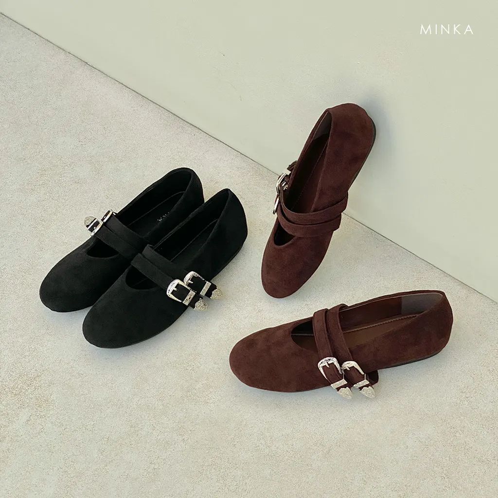 MINKA - ZIA Double Buckle Ballerina Suede Flat Shoes