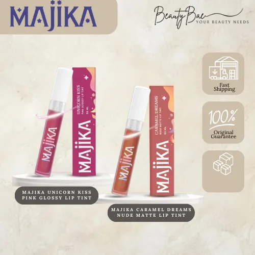 MAJIKA Matte+Glossy Lip Tint | 3 ML | Tahan Lama | Transferproof | Caramel Dreams + Unicorn Kiss