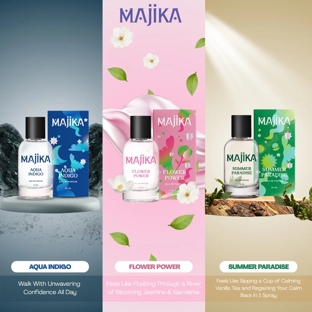MAJIKA Flower Power Eau de, Summer Paradise Eau de, Aqua Indigo Eau de Parfum| 30 ML | Parfum Wanita Tahan Lama