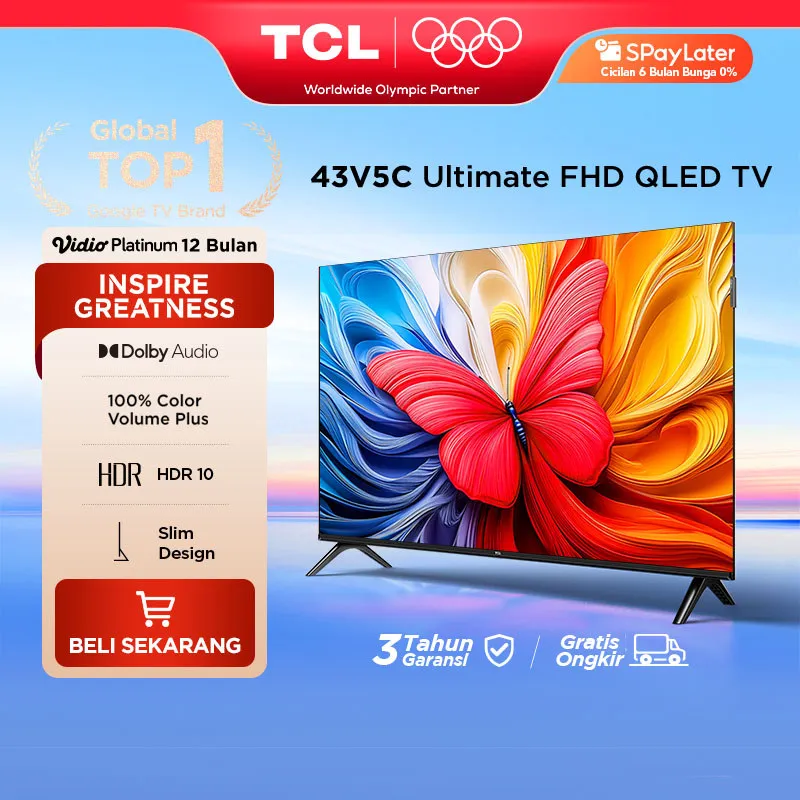 TCL Ultimate QLED FHD TV 43 inch V5C - HDR 10 - Dolby Audio - Google Play/Netflix/Youtube/Disney+Hotstar - Smart Android LED Digital Promo Murah G9| 32G9 40G9 40 (Model: 43V5C)