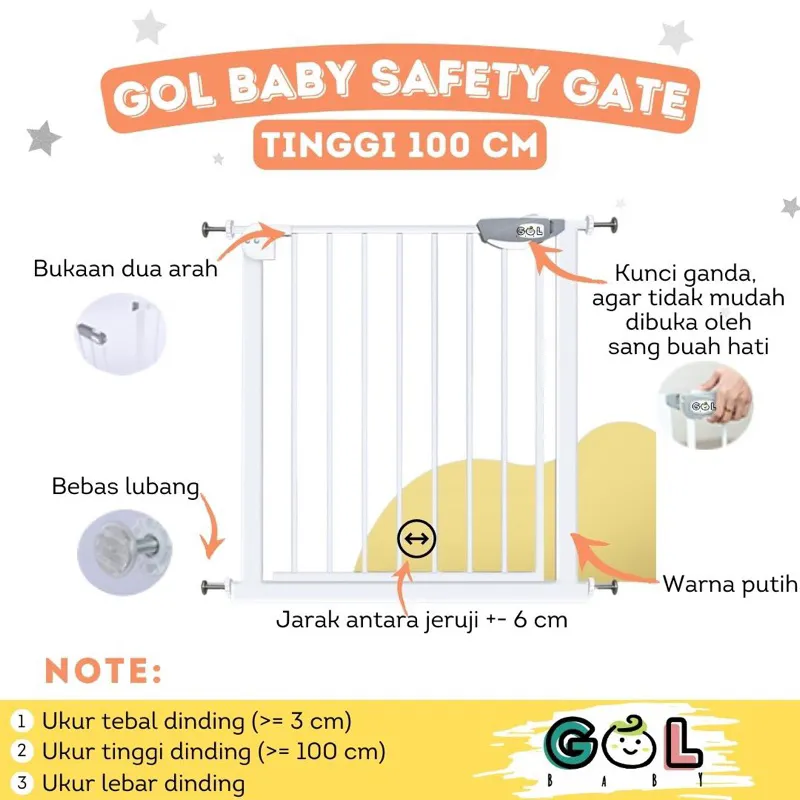 GOL Baby TINGGI 100 CM GOL Baby Safety Gate Pressure Pintu Pagar Pengaman Pembatas Bayi Anak Tangga Dapur Kamar Mandi Safe