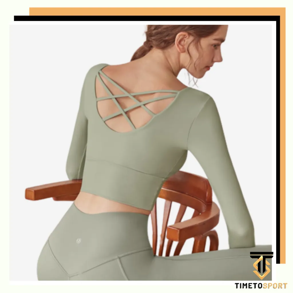 TIMETOSPORT Baju Olahraga Yoga Gym Fitness Aerobik Zumba Crop Top T-shirt Atasan Open Back Cross Wanita 1118