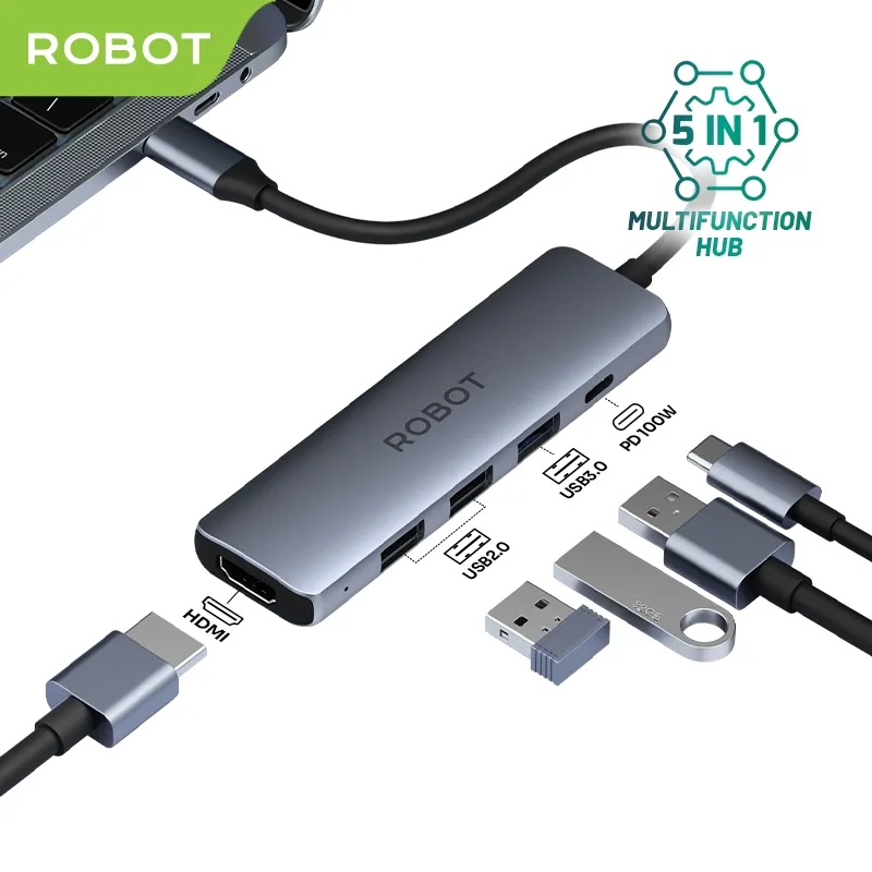 ROBOT HUB HT350 Multiport 5 in1 USB HDMI Type C HUB Adapter Portable Original - Garansi 1 Tahun