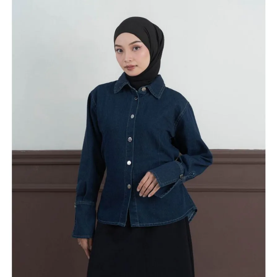 ORVEA Julia Blouse Top Fitted Denim Premium l Blouse Denim Wanita Fit Body | Modest Casual Look