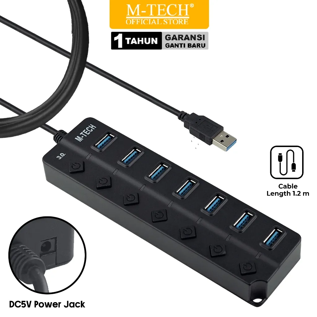 MTECH USB HUB 3.0 High Speed 7 Port Komputer Laptop Kabel 1.2 meter M-Tech Original