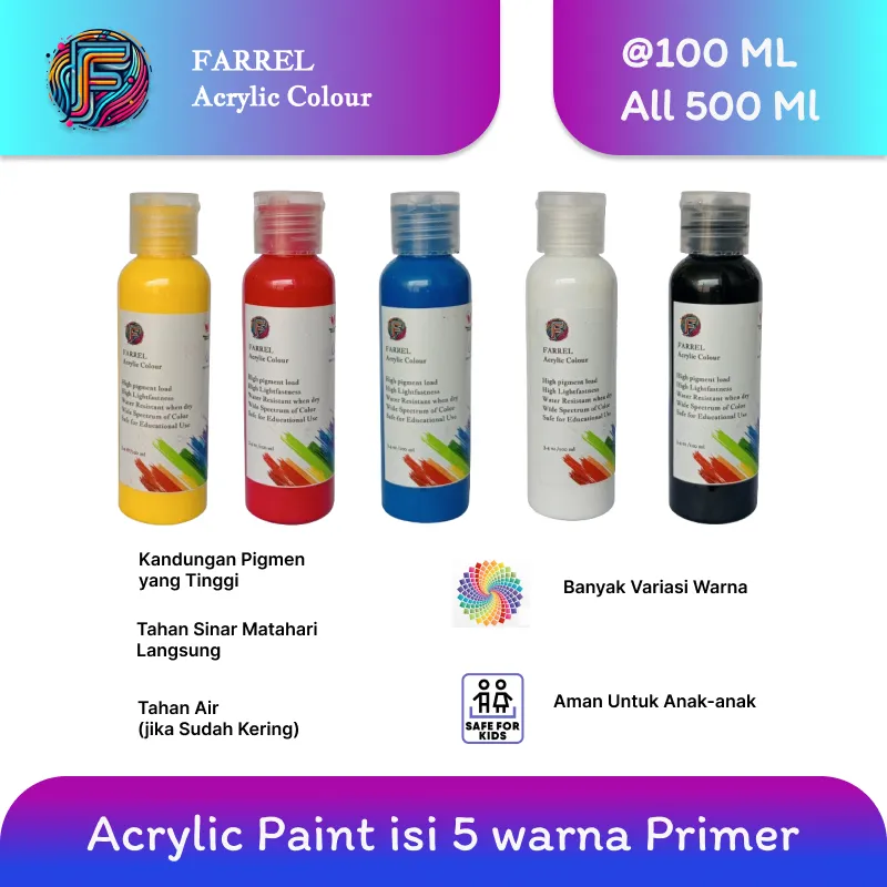 Cat Akrilik / Lukis / Kanvas / Mural Paket 5 warna Primer isi 100 ML per botol Farrel Acrylic Colour
