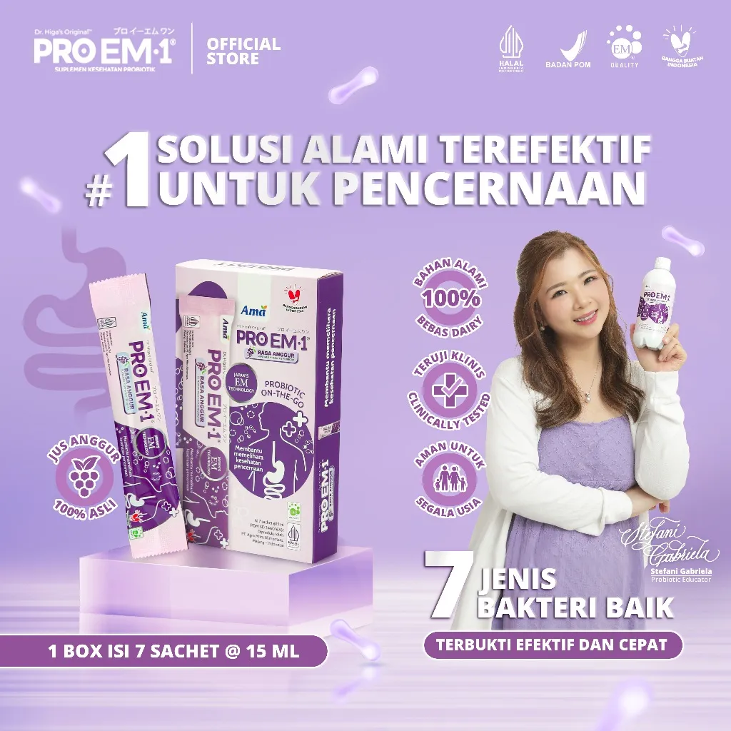 PRO EM1 Sachet 7 Rasa Anggur 15ml | Suplemen Probiotik | Anak Dewasa Lansia | Imun | Maag | Gerd | GTM