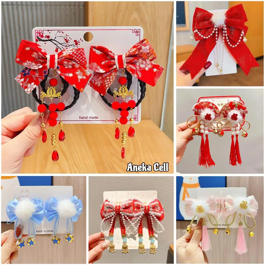 Jepitan Rambut Pita Imlek Anak Kepang Meihua Ikat Set Sepasang Jepit Rambut China Aksesoris Fashion Kids Terbaru Chinese New Year / Bando Keke Rambut Kepang Imlek Tusuk Konde Aksesories Hair Clip