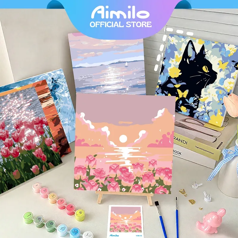 [READY] Aimilo Paint By Number 20x20cm Lukisan Kanvas DIY Digital Painting Kit With Alat Lukis Lengkap 1 Paket