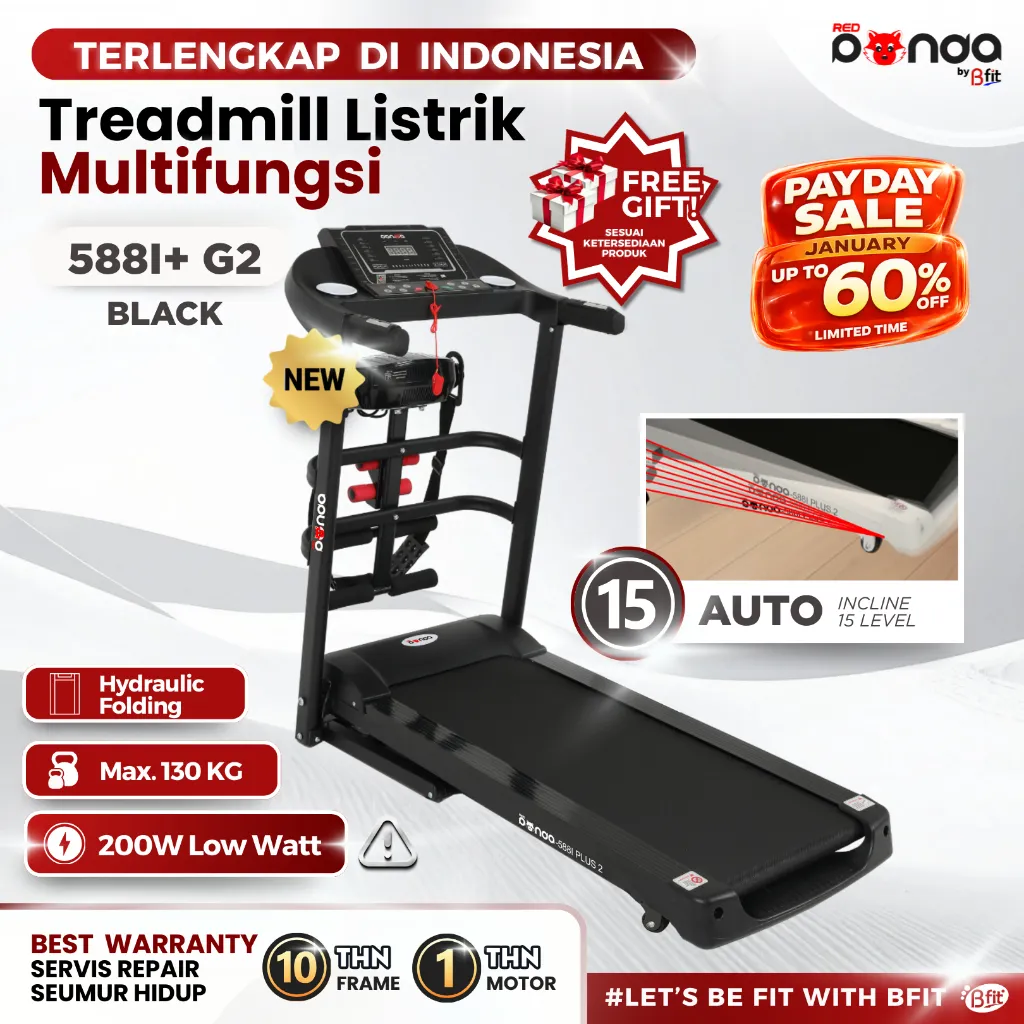 Treadmill Elektrik REDPANDA 588I Auto Incline Multifungsi Listrik Low Watt Fitness Gym