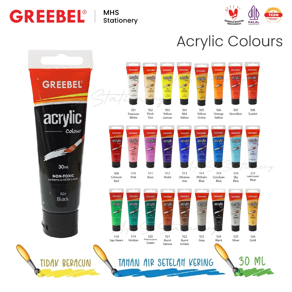 GREEBEL Acrylic Paint Colours Cat Akrilik 30 ml Warna Lengkap Cerah Tahan Lama