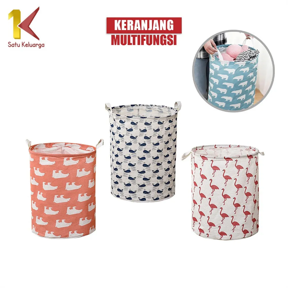 Satu Keluarga Keranjang Portable Serbaguna C1386 Keranjang Bulat Lipat Cucian Baju Kotor Laundry Bag Canvas Tempat Penyimpanan Pakaian Mainan Anak