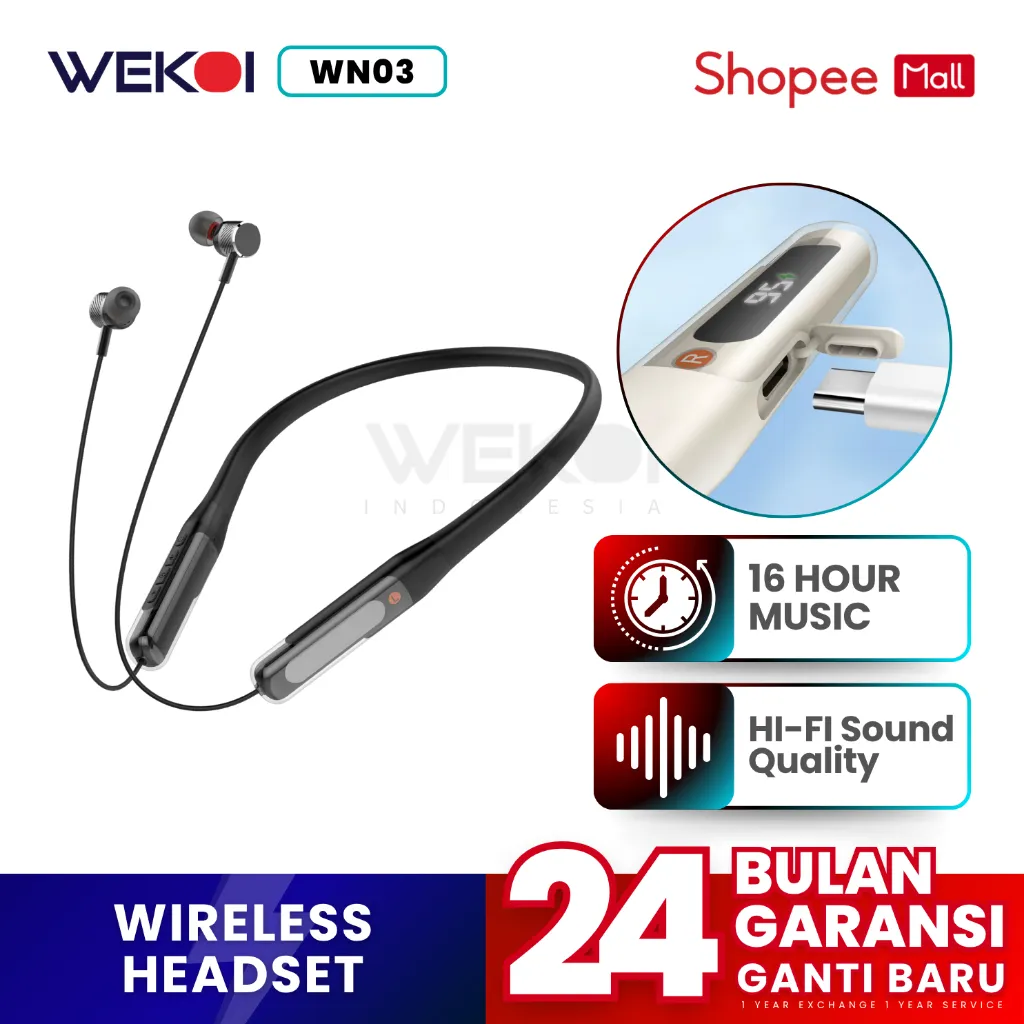 WEKOI WN03 Wireless Stereo Neckband Bluetooth 5.4 with Microphone In-Ear Headset Gaming
