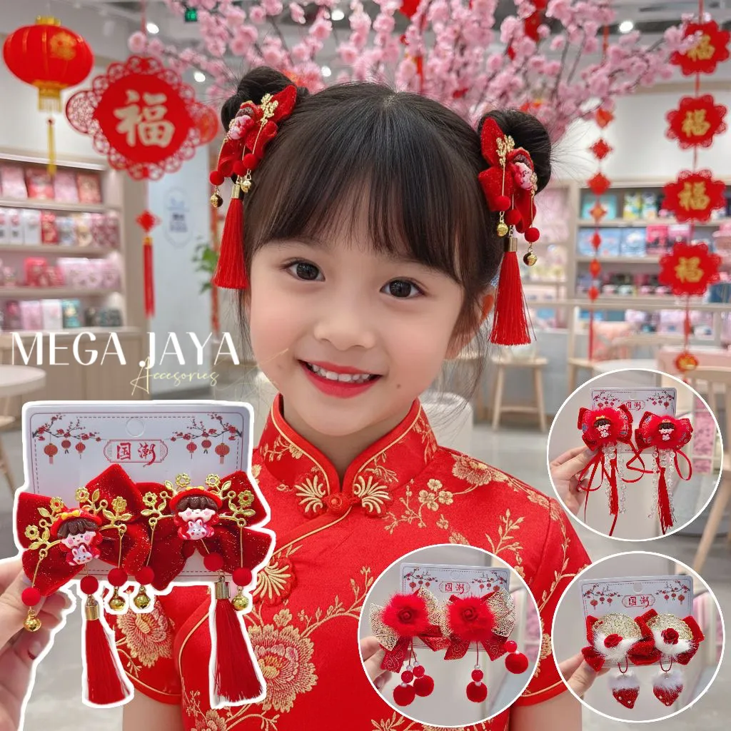 MJ - Jepitan Rambut Pita Imlek Anak Kepang Meihua Ikat Set Sepasang Jepit Rambut China Aksesoris Fashion Kids Terbaru Chinese New Year / Bando Keke Rambut Kepang Imlek Tusuk Konde Aksesories Hair Clip