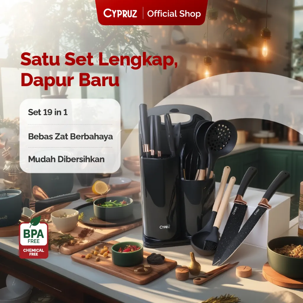 Cypruz Premium Sillicone Utensil & Knives Peralatan Masak Spatula dan Pisau Set 19 Pcs