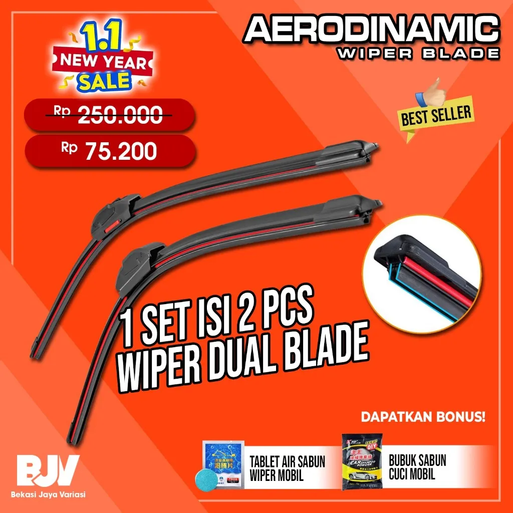 AERODINAMIC Wiper Mobil Dual Blade - Universal Semua Tipe Mobil - Wiper Frameless Dual Karet Double Blade Layer