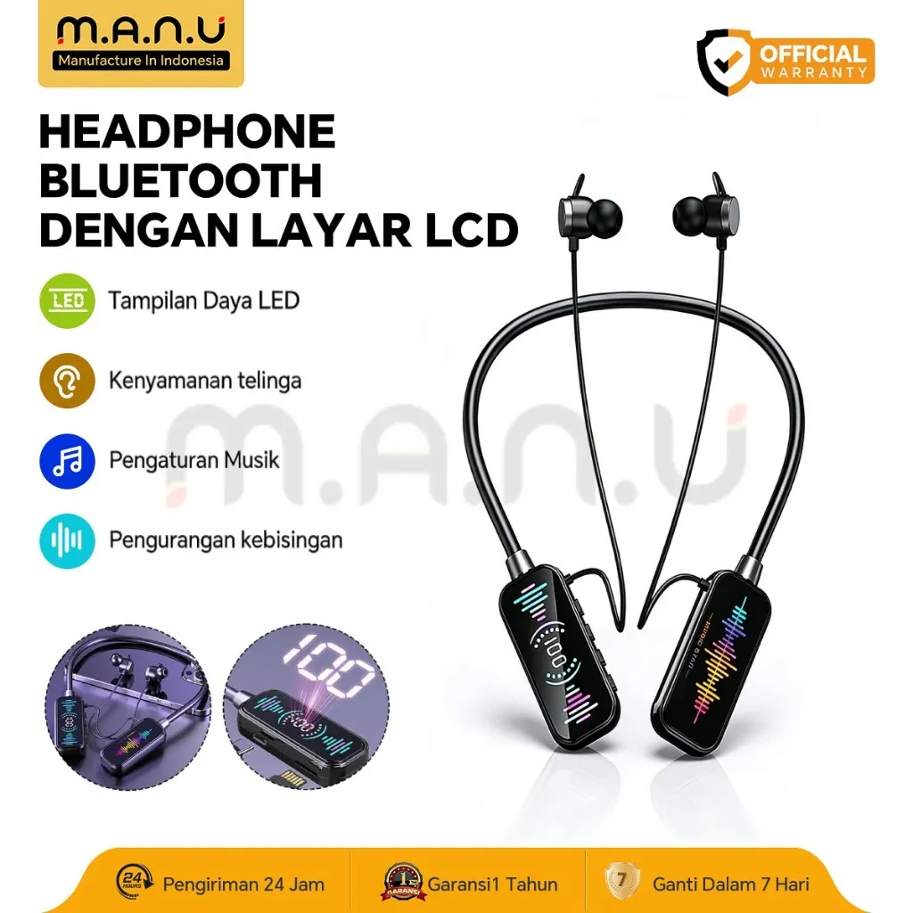 MANU Wireless Headphone Bluetooth 5.4 HD Screen RGB Neckband Headset HiFi Stereo Noise Reduction Baterai Besar 40 Jam Ear Monitor Wireless Earphone Support TF Card