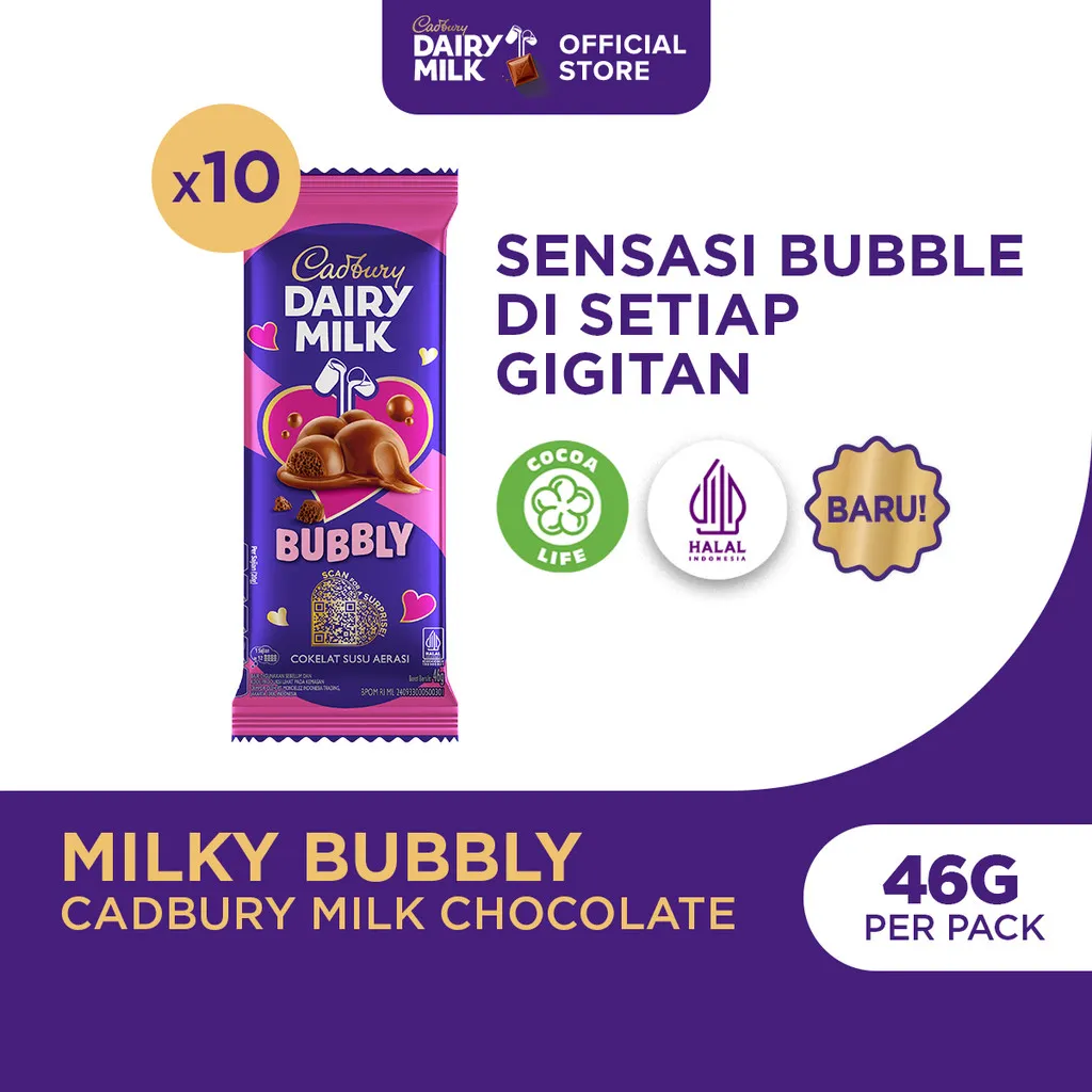 [BARU] Cadbury Dairy Milk Bubbly 46g (Paket isi 10), Cokelat Susu Aerasi | Cokelat Susu Original Premium Cemilan Favorit Anak, Dewasa, dan Keluarga