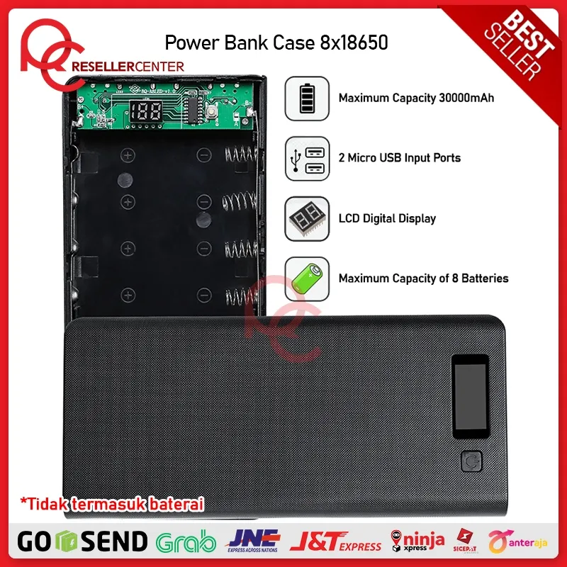 [PB CASE DIY 8PCS] DIY Power Bank Case 8x18650 2 Port + Display - A8 / Casing PowerBank DIY Dual USB Port Fast Charging [TIDAK TERMASUK BATERAI] - Black