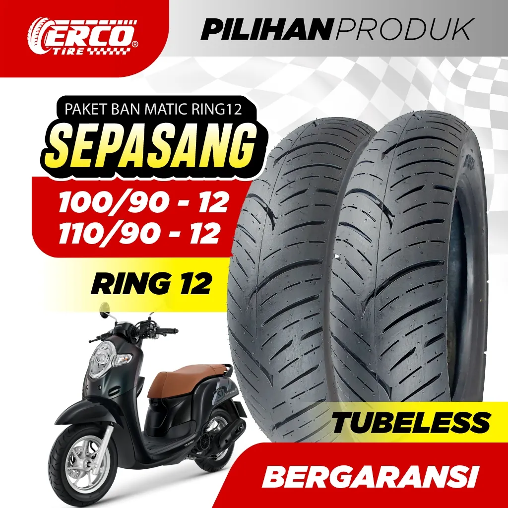 Paket Sepasang Ban Motor Scoopy Ring12, FD GRIPP ERCO 100/90-12 dan 110/90-12, Tubeless, Ban matic Ring 12, Ban Scoopy Ring 12, Standar Ban motor Honda : Scoopy, Genio, Beat street new, dan motor pabrikan lain yang menggunakan velg Ring 12/ seukuran.