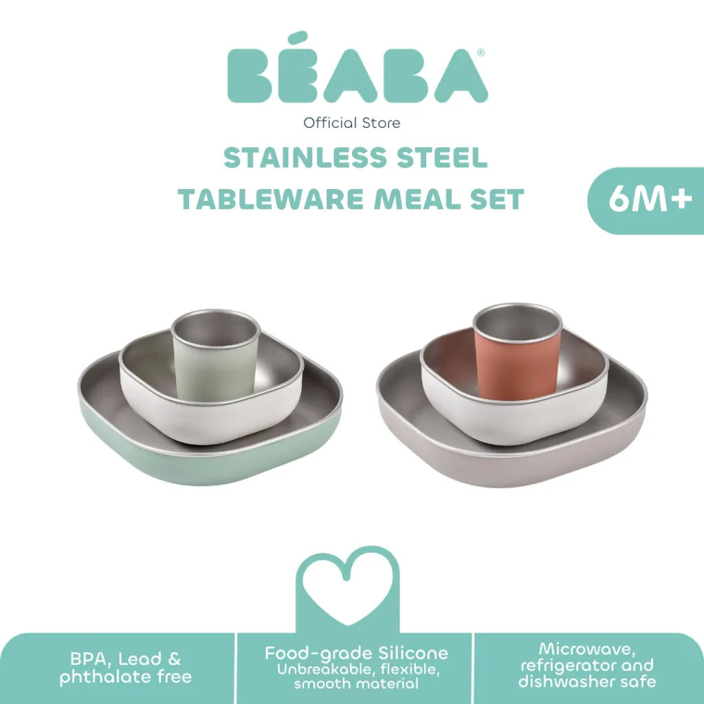 [NEW PRODUCT] Beaba Tableware Stainless Steel Meal Set - Set Peralatan Makan Anak Tempat Makan Bayi Balita Food-Grade Silikon Silicone Anti Slip Isi Piring/Plate, Mangkok/Bowl, Gelas/Cup Microwaveable