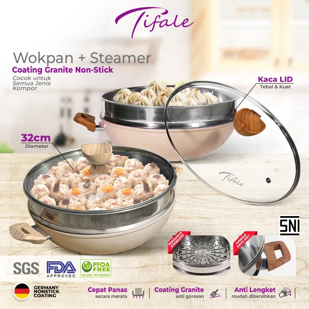 Tifale [2IN1] Wokpan Glass Lid Granite Steamer Non Stick Dandang Steamer Kukus Siomay dan Bakpao 2in 1 + Tutup Panci Mpasi