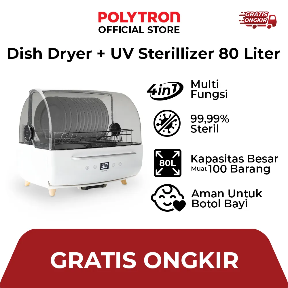 POLYTRON Kitchenmate Dish Dryer UV Sterilizer Botol Bayi Rak Pengering Piring 80 Liter - PDD 801UV