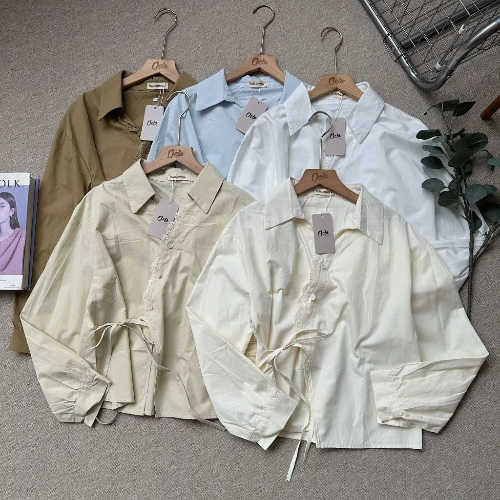 Oclo Artaly Shirt Baju Atasan Wanita blus Kancing Tali Kekinian Lengan Panjang Casual Korean Style Ootd Terbaru OCL01039