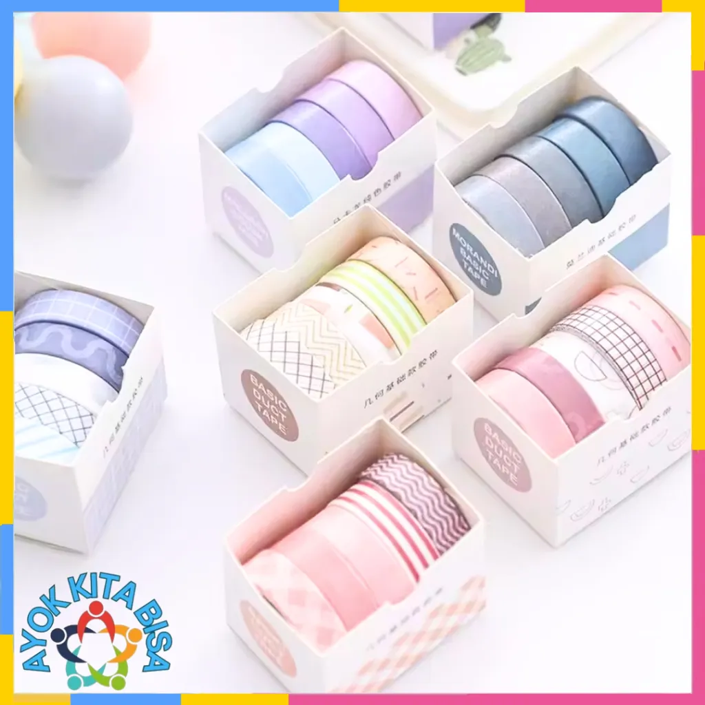 AKB Roll Masking Tape Set 5 Pcs Essential Collection Basic Pattern Isi 5 Selotip Bahan Kertas Washi Warna Warni DIY Scrapbook Journal Kotak Box Aeshtetic