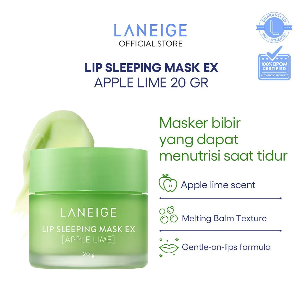 LANEIGE Lip Sleeping Mask Apple Lime 20 gr - Masker Bibir Malam, Melembapkan Bibir Kering & Pecah-pecah