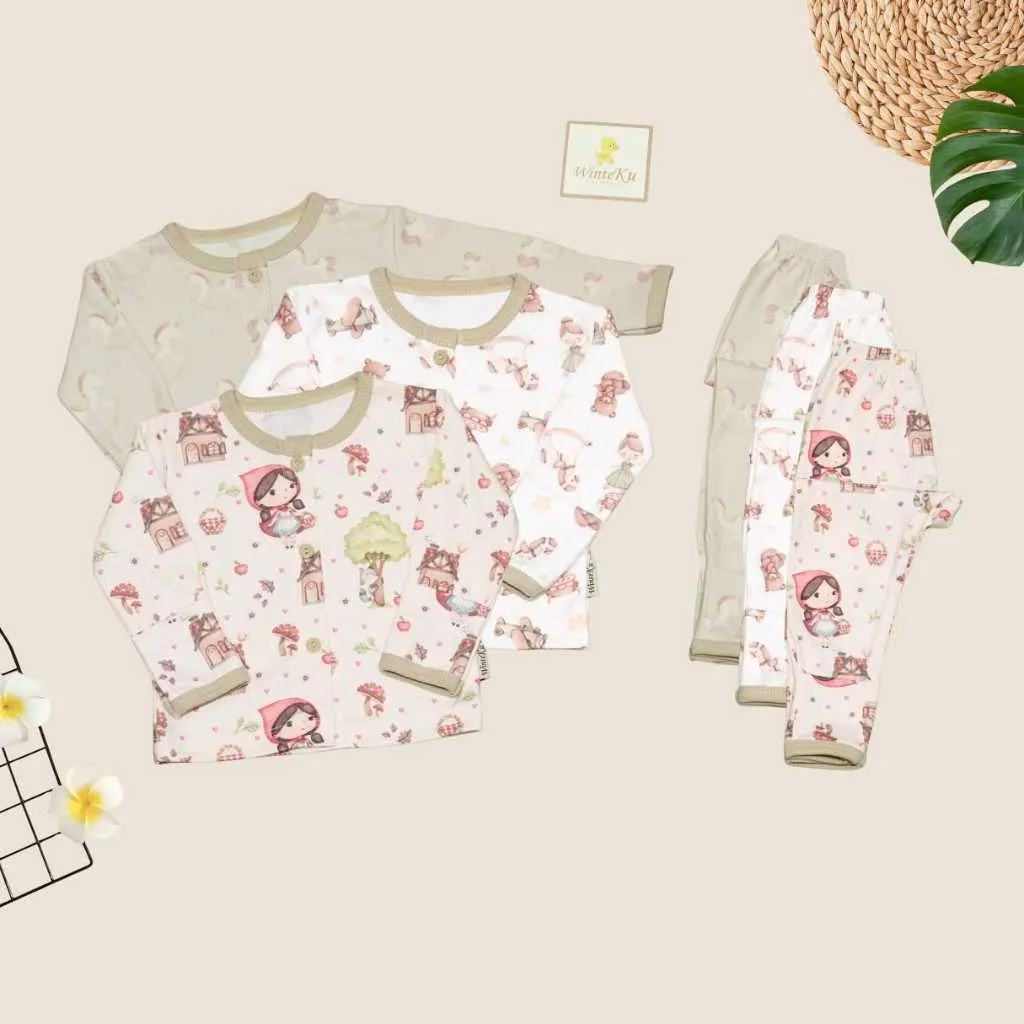 Winteku 3Pcs Setelan Panjang Kancing Depan Motif / Polos Boy n Girl