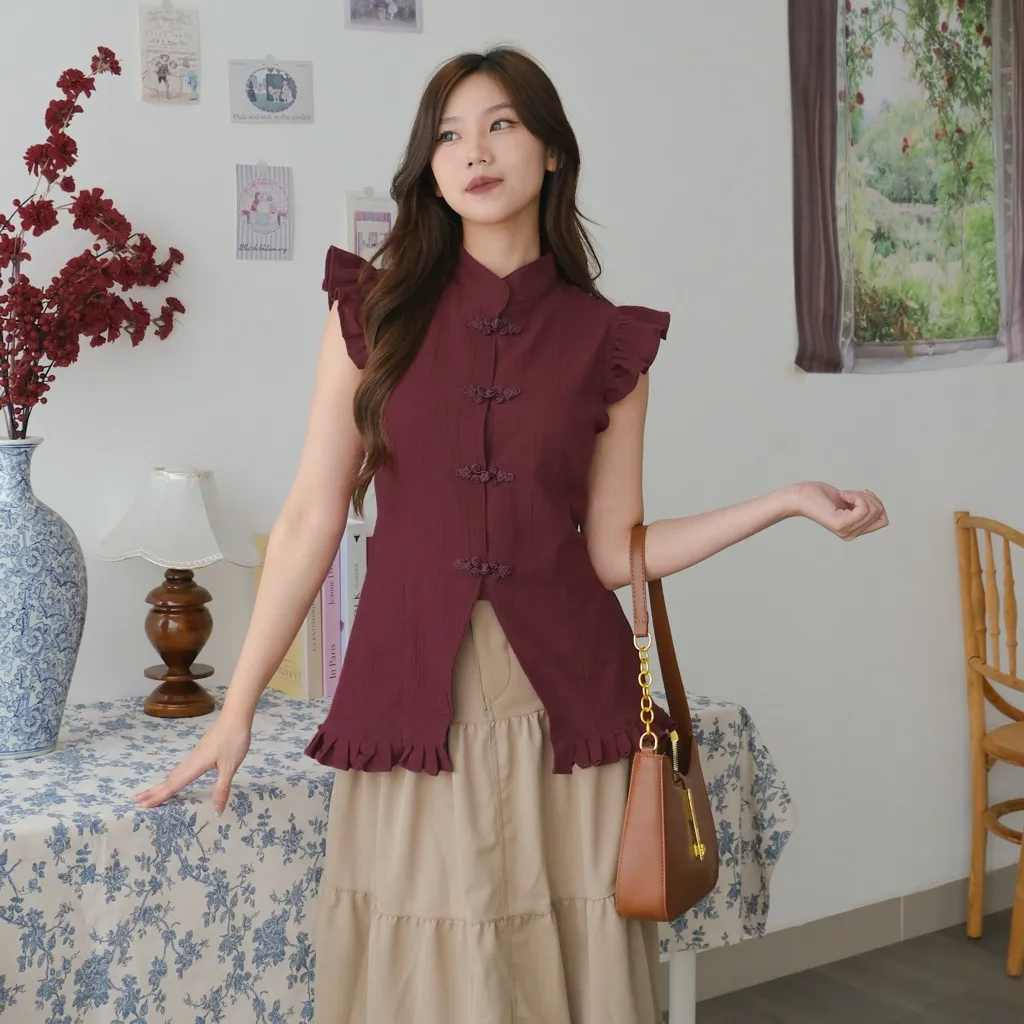 KANON - Tian Qipao Blouse - Blouse qipao ruffle linen slim-fit model korean look