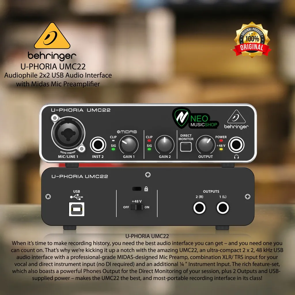 BEHRINGER UMC22 [ UMC 22 ] AUDIO INTERFACE SOUNDCARD W/ MIDAS PREAMP