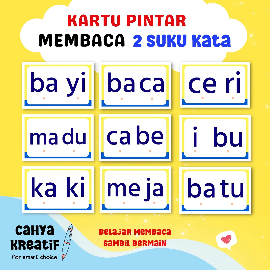 Cahya Kreatif - Kartu Pintar Membaca | Flashcard BELAJAR MEMBACA 2 SUKU KATA/ BERMAIN dan MEMBACA (80 KARTU) Banyak Bangeet