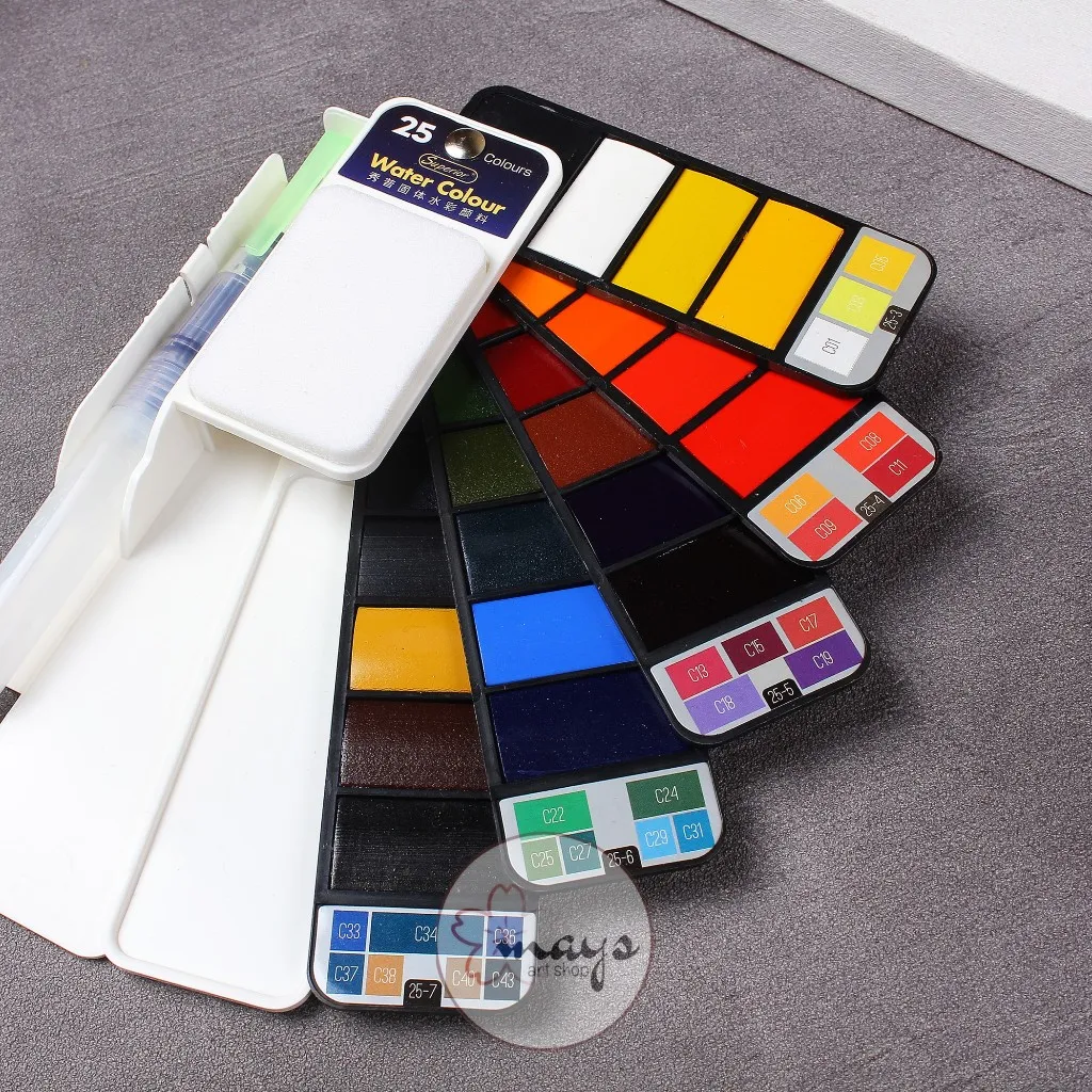 Superior Solid Watercolor Aquarelle Cake Paint Set 18 25 Warna - Cat Air Padat Isi 18 25 Colors - Cat Lukis Watercolour Mini Compact Portable Acquerelli Color Colour Colors Set Kuas