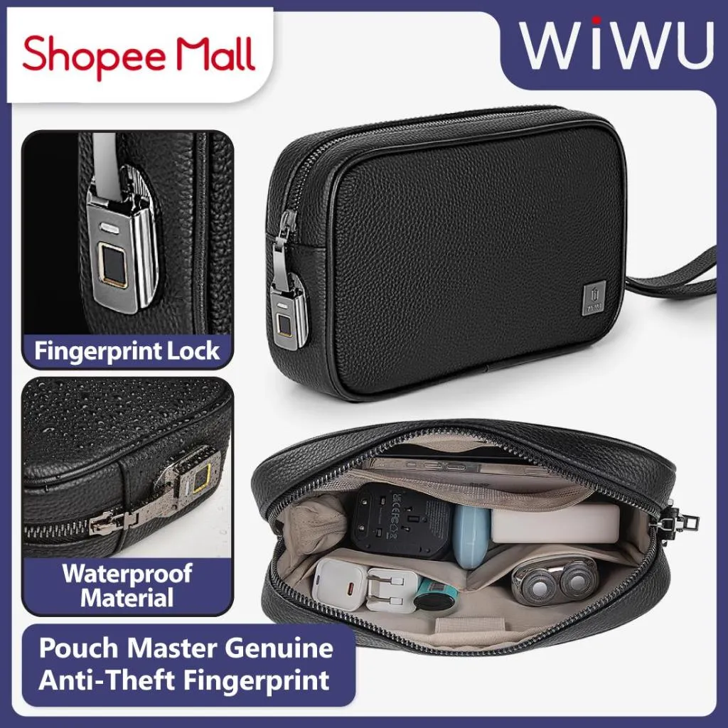 Pouch WiWU Master Genuine Leather Fingerprint Lock Anti-Theft Accessories Gadget Storage Organizer