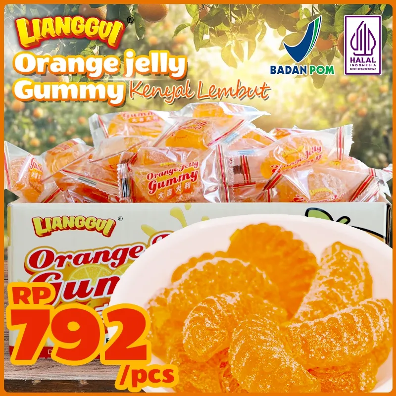 LIANGGUI Permen Jelly Jeruk 48PCS/400g HALAL - Kenyal Manis, Snack Kantor & Party Jajanan Lebaran