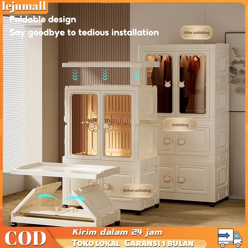 Lejumall Lemari Plastik Pakaian Dapat Dilipat 3/4/5 Tingkat Laci Susun Storage Cabinet Plastik Rak Susun Penyimpanan Lemari Baju Dengan Roda Lemari Baju Bayi Anak Plastik Lemari Pakaian Estetik Minimalis