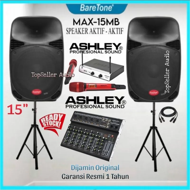 Paket Sound System Speaker Aktif BareTone MAX15MB Mixer Ashley Better7 Original Mic Wireless Ashley Garansi Resmi 1 Tahun Komplit
