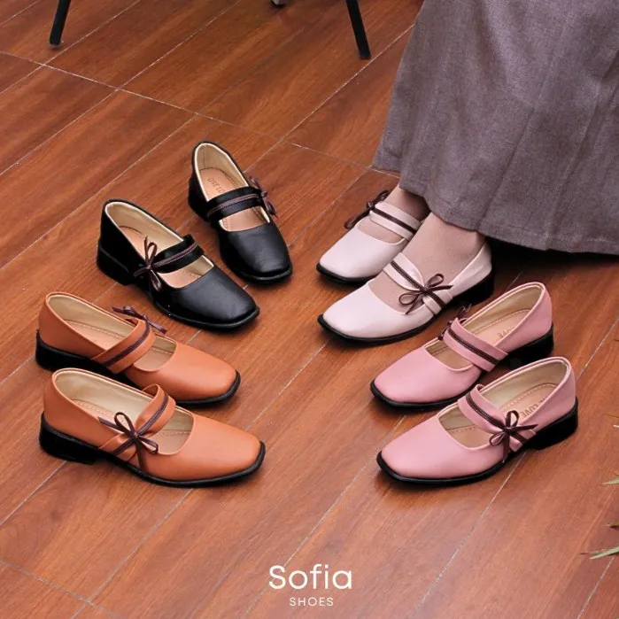 ONE LOVE SOFIA - Sepatu Pita Wanita Korean Style Pantofel Mary Jane Kulit Sintetis Anti Slip Sol Karet Ringan Hak 3 cm Warna Light Cream Hitam Pink Tan Coklat Coffe