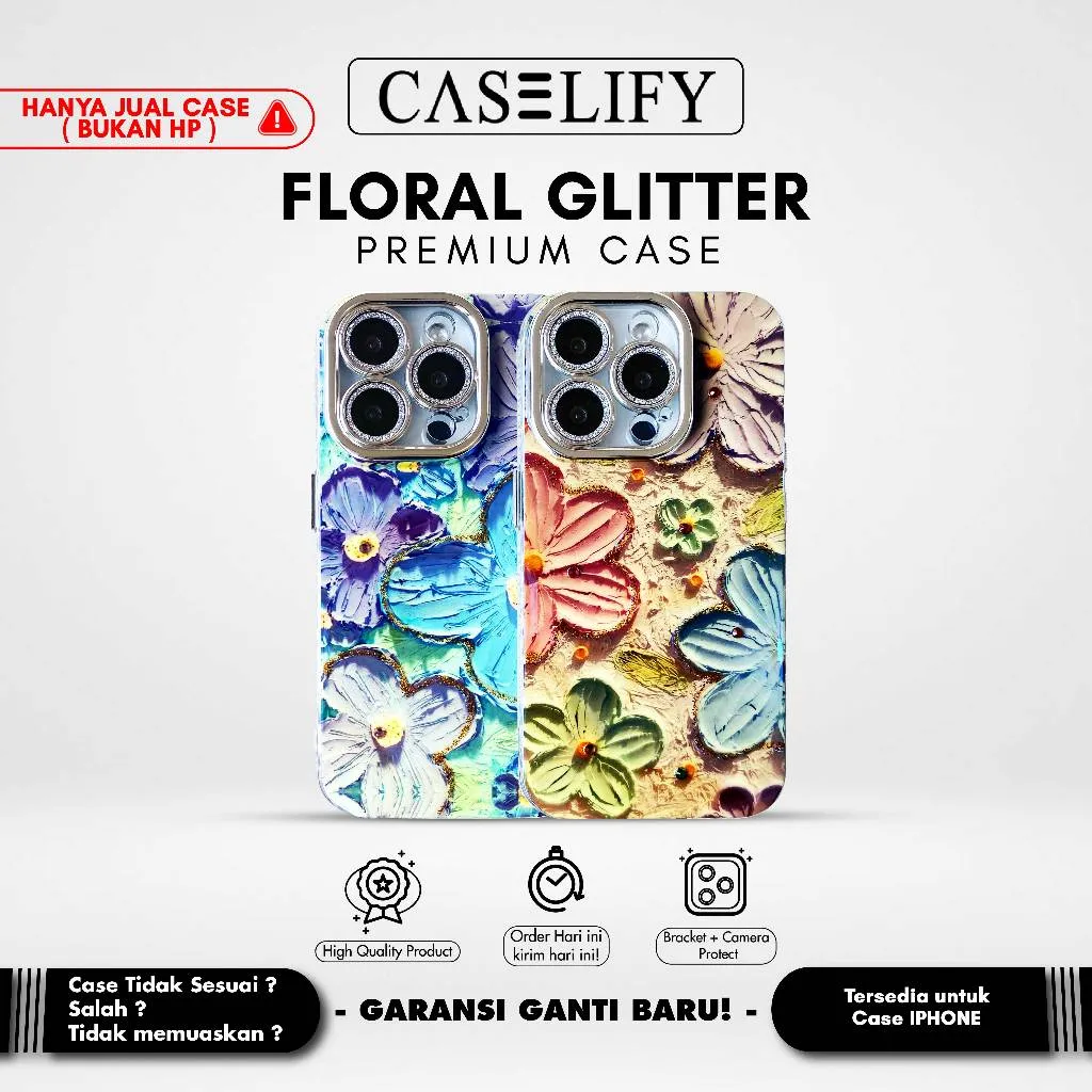 CASELIFY floral flower glitter lensa protector case iphone 11 12 13 14 15 16 pro max plus