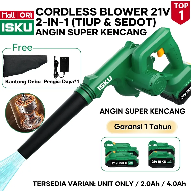 ISKU Cordless Blower Baterai 21V 2 in 1 Vacuum Cleaner Penyedot Debu & Peniup Daun PC Mobil Taman