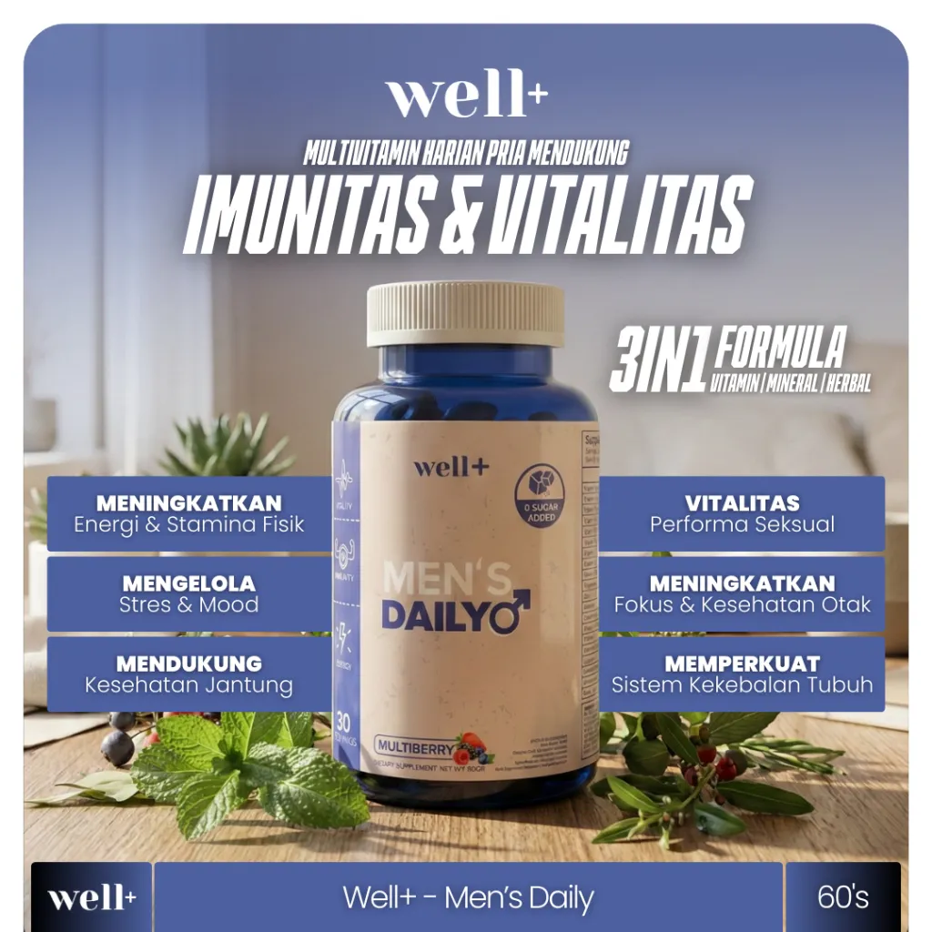 Well+ MEN'S DAILY Multivitamin Gummy Pria | Energi Vitalitas & Fokus Maksimal 30 Servings