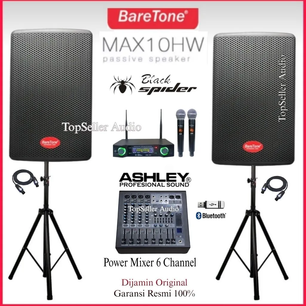 Paket Sound System Karaoke Speaker BareTone MAX10HW Power Mixer Ashley Bluetooth Original Mic 2 Wireless Garansi 1 Tahun