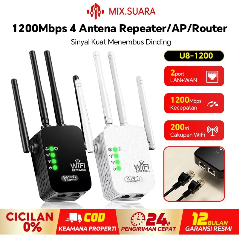 MIX.SUARA Wifi Range Extender Router Penguat Sinyal WiFi Booster Dual Band 2.4G Wi-Fi Ultraboost Access Point Wifi Repeate 1200 Mbps Repeater Signal Amplifier Penerima Pemancar Sinyal Alat Penyambungs