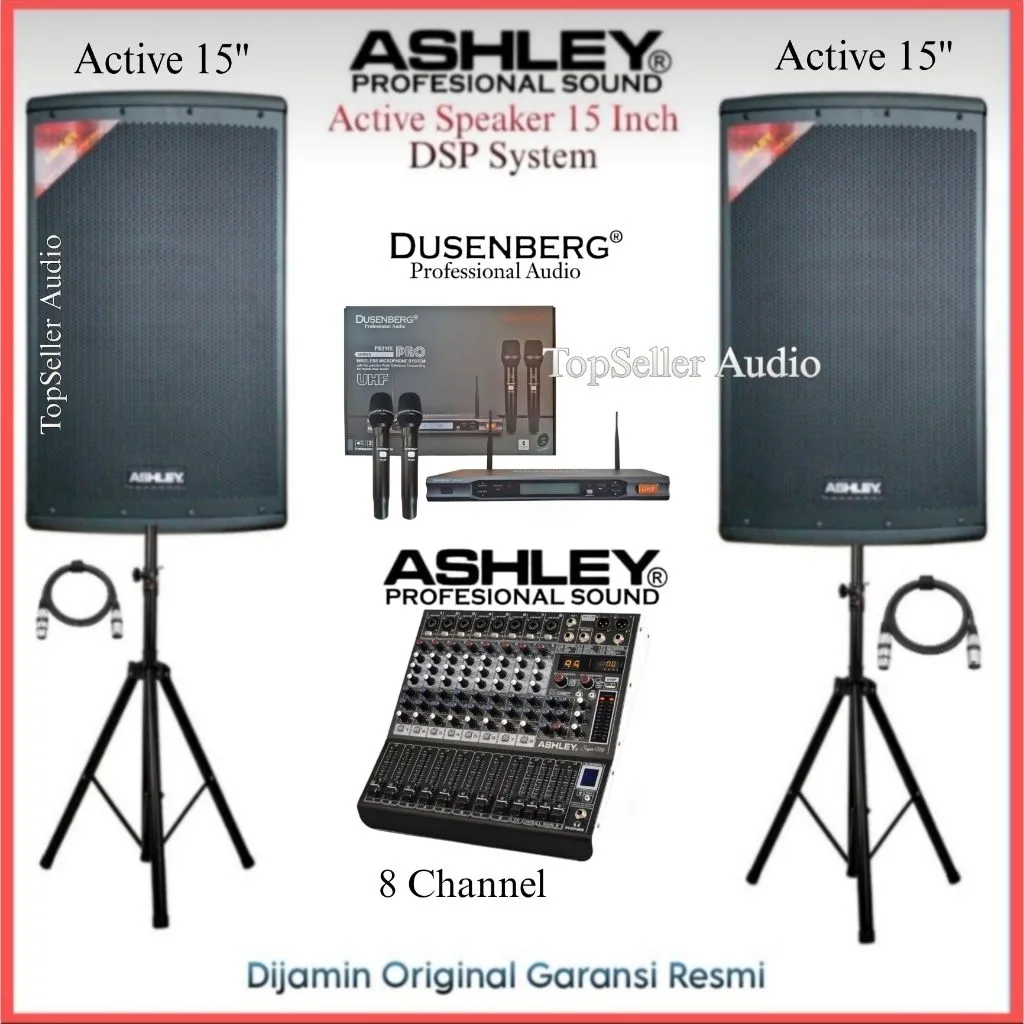Promo Paket Sound System Live Musik [ Karaoke ] Ashley Speaker Aktif 15 Inch HERO15 Original Mixer Ashley 8 Channel Bluetooth Mic 2 Wireless Bisa Dicharger Baterai Original Garansi Resmi