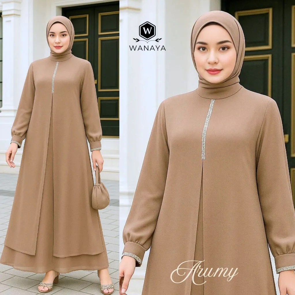 Arumy Gamis Trendy Muslim Model Terbaru Ceruty Babydoll Full Puring Payet Swarovski Simple Elegan