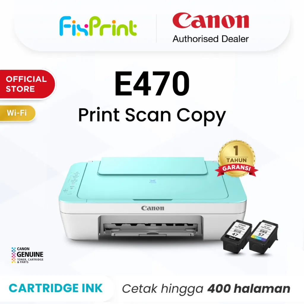 FixPrint Printer Wifi Canon E470 Series - Inkjet Wireless All In One Print Scan Copy - Garansi 1 Tahun - Pengganti 2875 2876