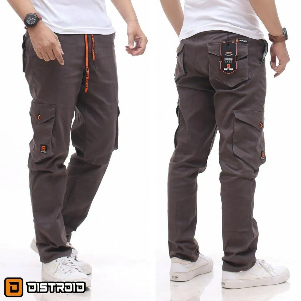 Distroid Celana Rib Cargo Panjang Pria Slim Fit Chinos Katun Melar Cowok Dewasa Pinggang Karet